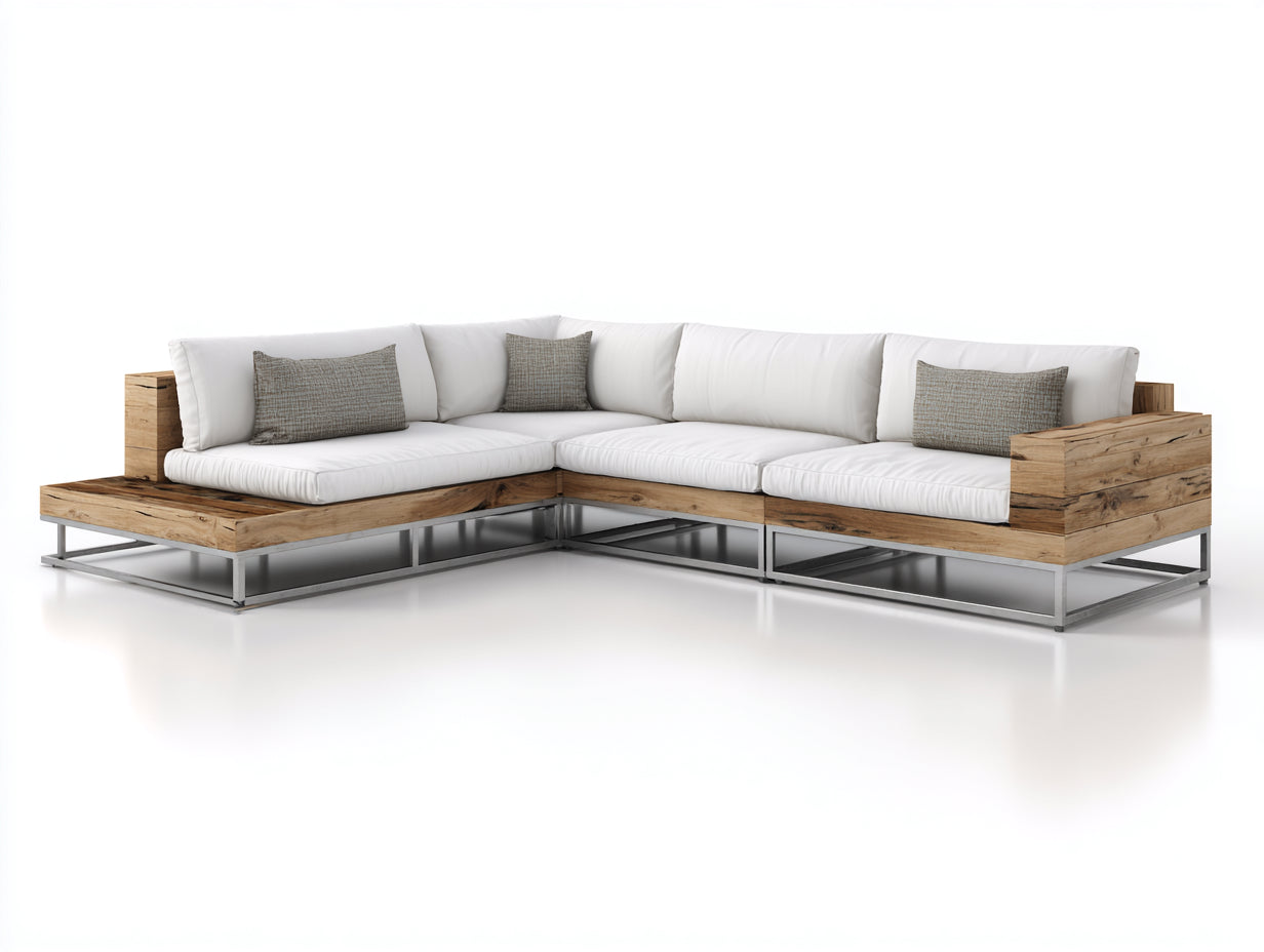 Canapé de jardin - Bois-Tissu - 285x225x74 cm - Bois naturel-Blanc cassé - Style contemporain