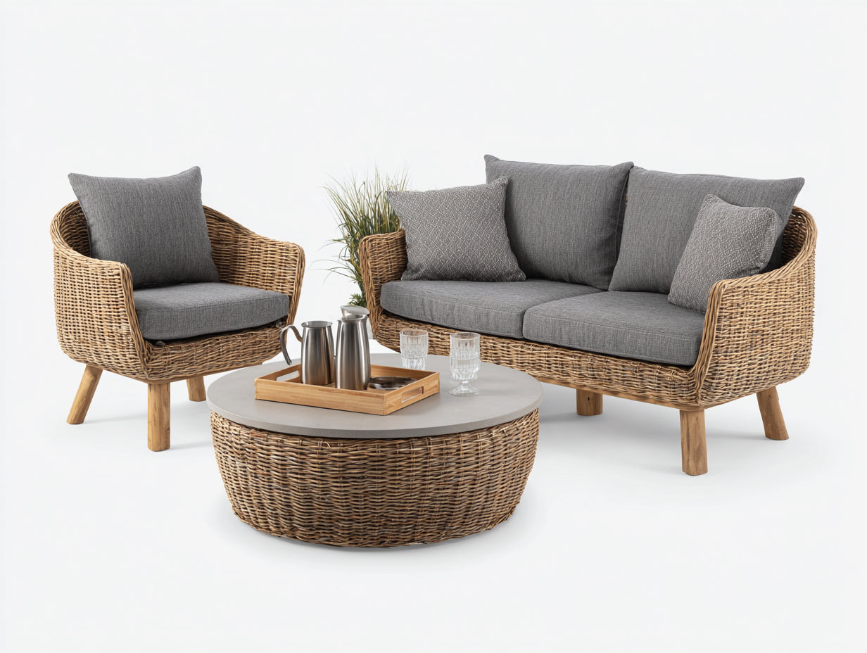 Canapé de jardin - Résine tressée-Tissu - 190x85x82 cm - Marron naturel-Gris foncé - Ensemble de jardin style naturel