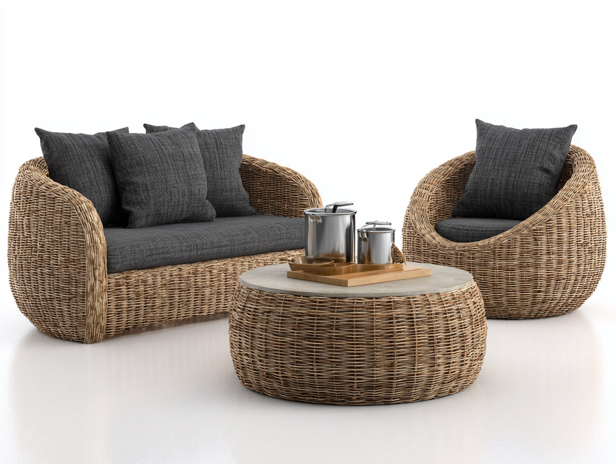 Canapé de jardin - Résine tressée-Tissu - 185x85x82 cm - Marron naturel-Gris foncé - Ensemble de jardin style naturel