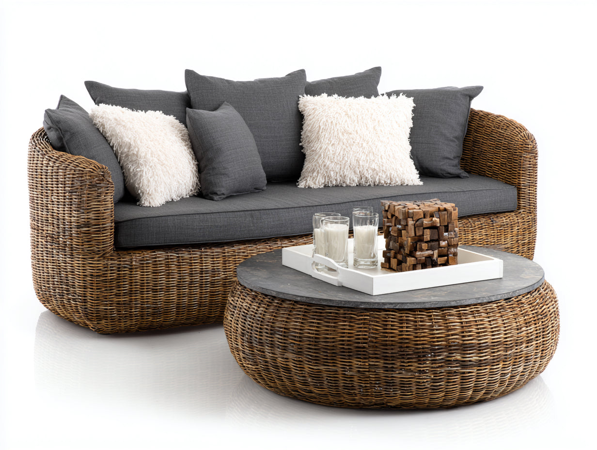 Canapé de jardin-Résine tressée-Tissu-210x95x78cm-Gris foncé-Naturel-Design contemporain