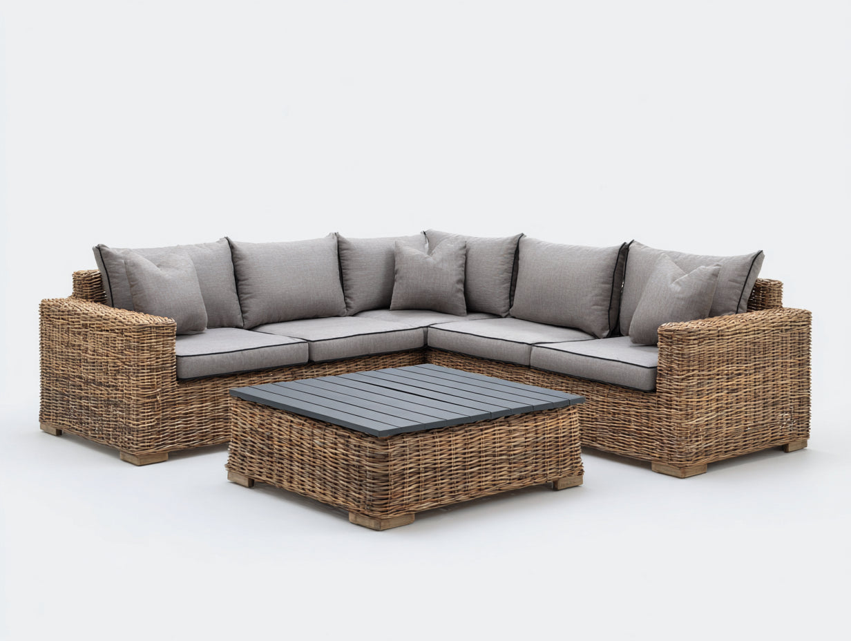 Canapé de jardin - Résine tressée-Tissu - 290x290x83 cm - Marron naturel-Gris clair - Canapé d'angle style naturel