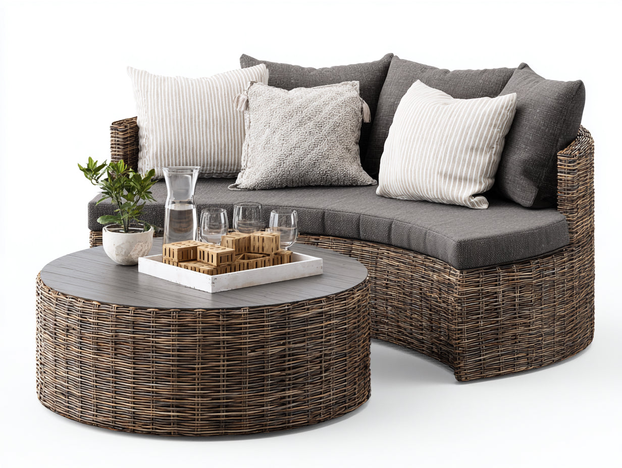 Canapé de jardin-Résine tressée-Tissu-185x95x78cm-Gris foncé-Naturel-Design contemporain