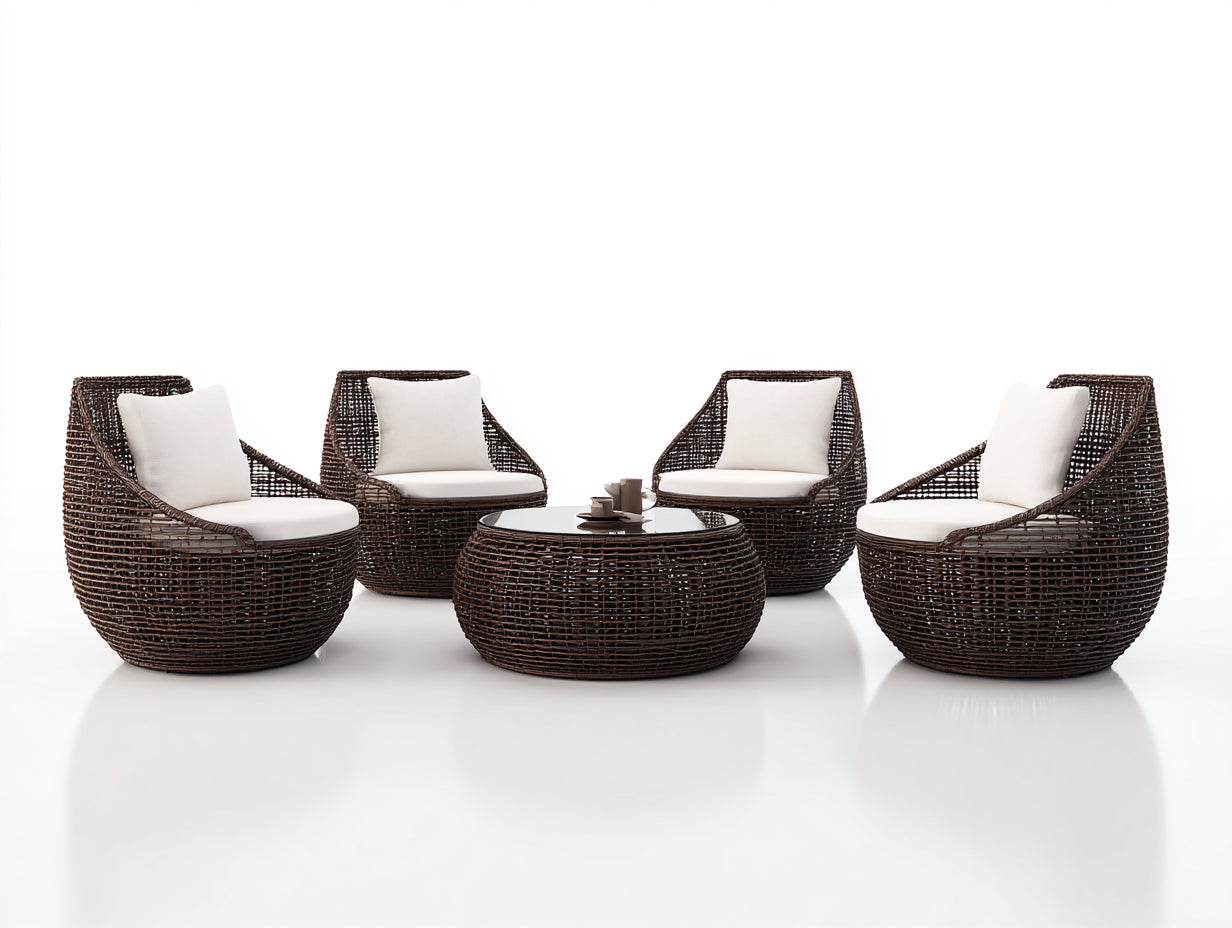 Canapé de jardin - Résine tressée-Tissu - 88x84x80 cm - Marron foncé-Blanc cassé - Ensemble de jardin style contemporain