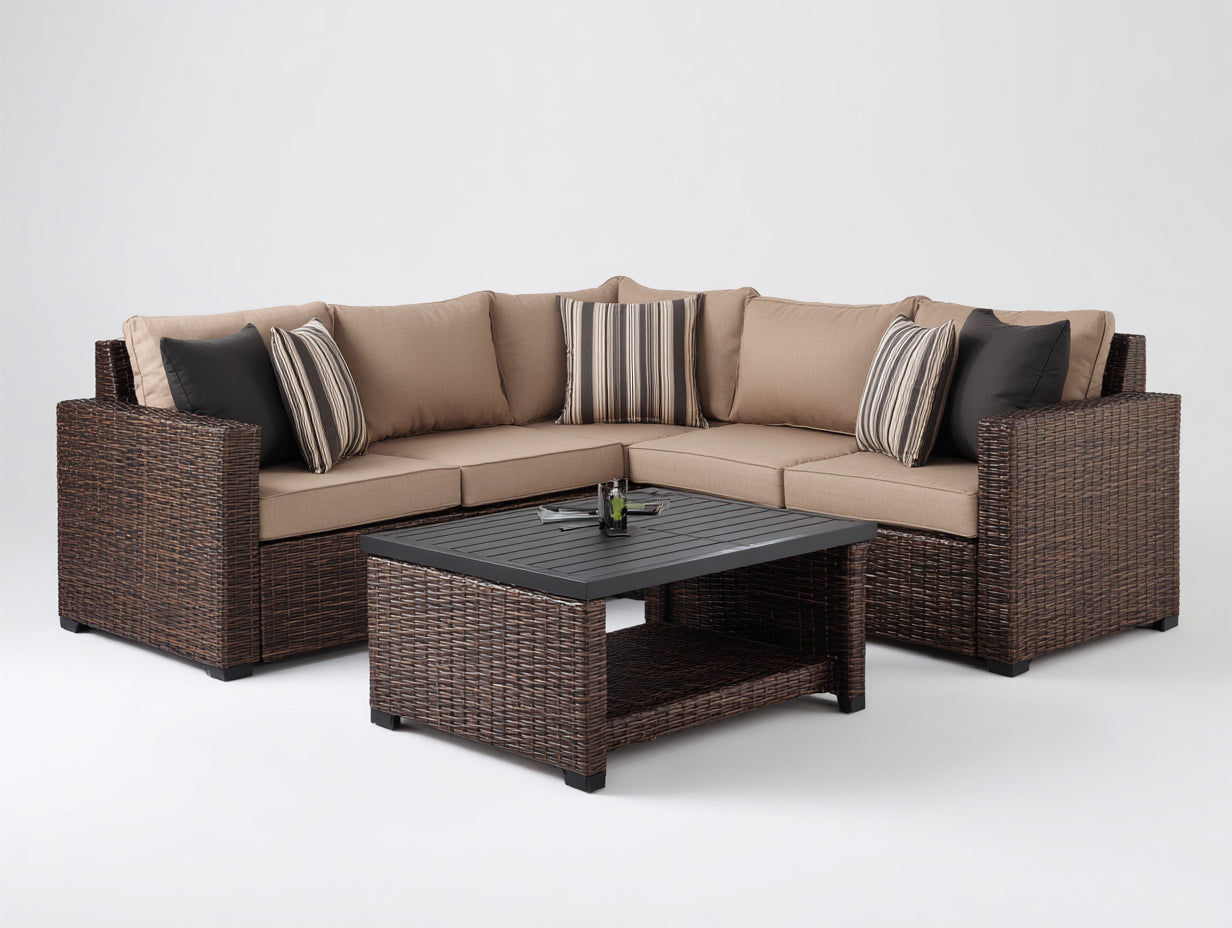Canapé de jardin - Résine tressée-Tissu - 280x280x84 cm - Marron foncé-Beige - Canapé d'angle style naturel