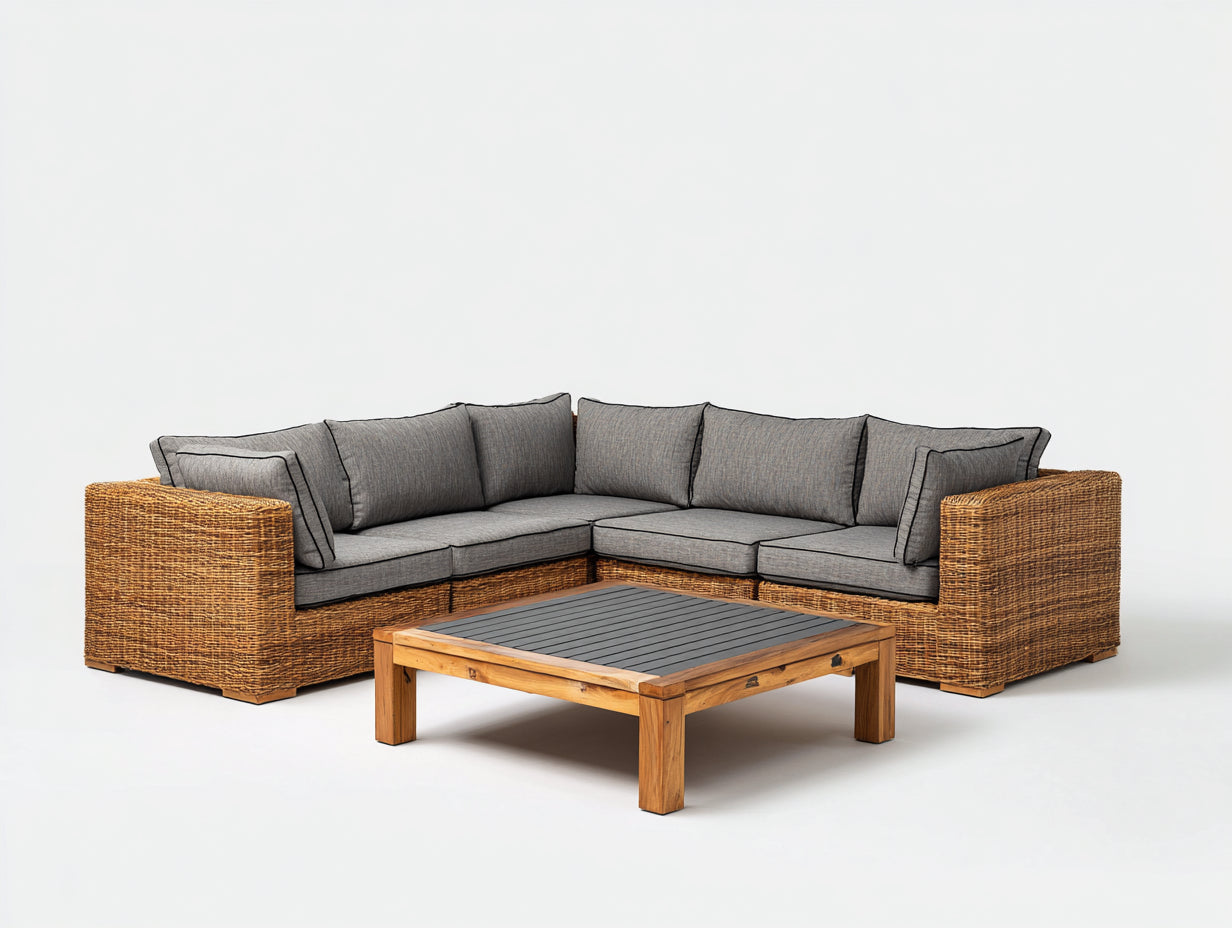 Canapé de jardin - Résine tressée-Tissu - 275x275x82 cm - Marron naturel-Gris - Canapé d'angle style naturel