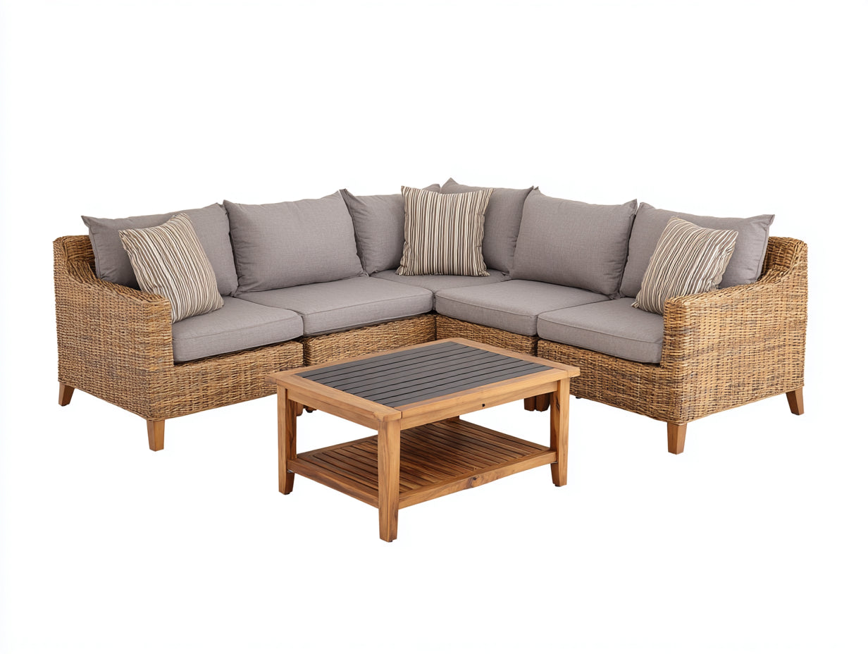 Canapé de jardin - Résine tressée-Tissu - 285x285x84 cm - Marron naturel-Gris clair - Canapé d'angle style naturel