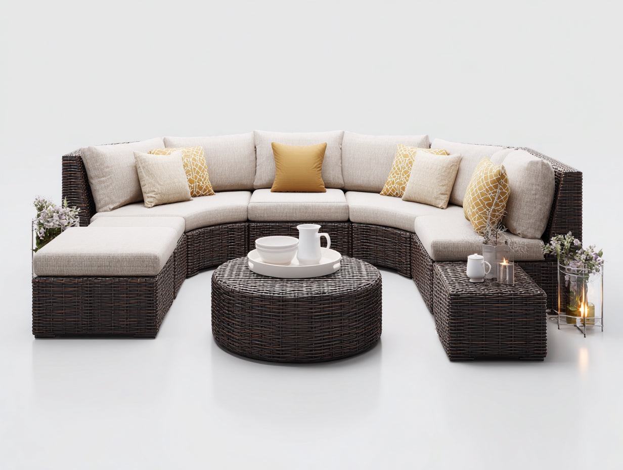 Canapé de jardin-Résine tressée-Tissu-320x260x84cm-Beige clair-Marron foncé-Design contemporain