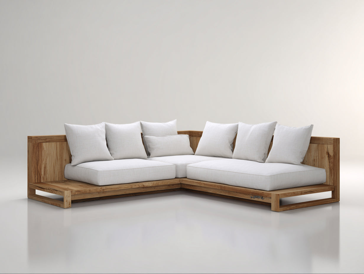 Canapé de jardin - Bois-Tissu - 260x260x70 cm - Bois naturel-Blanc cassé - Style contemporain