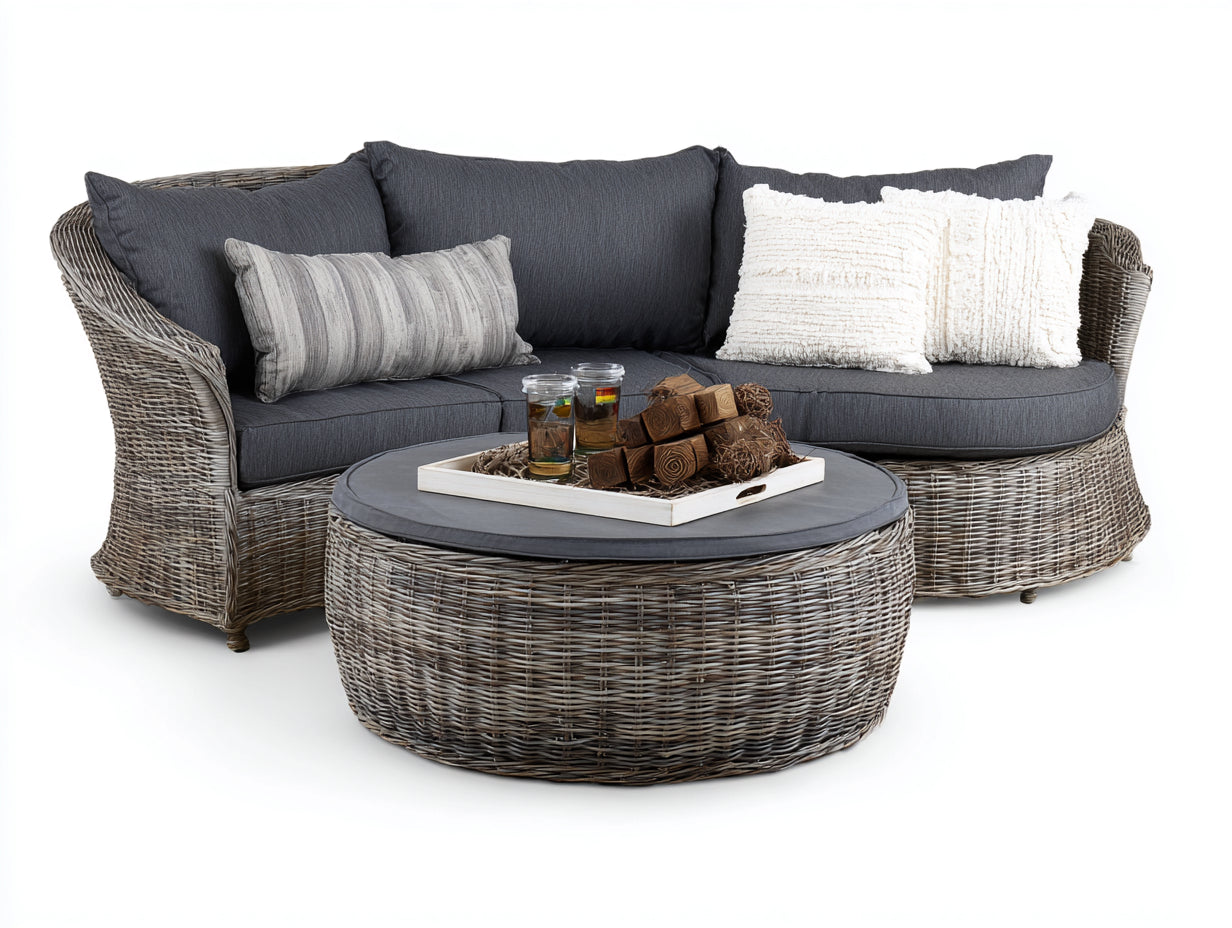 Canapé de jardin-Résine tressée-Tissu-220x98x82cm-Gris foncé-Gris clair-Design contemporain