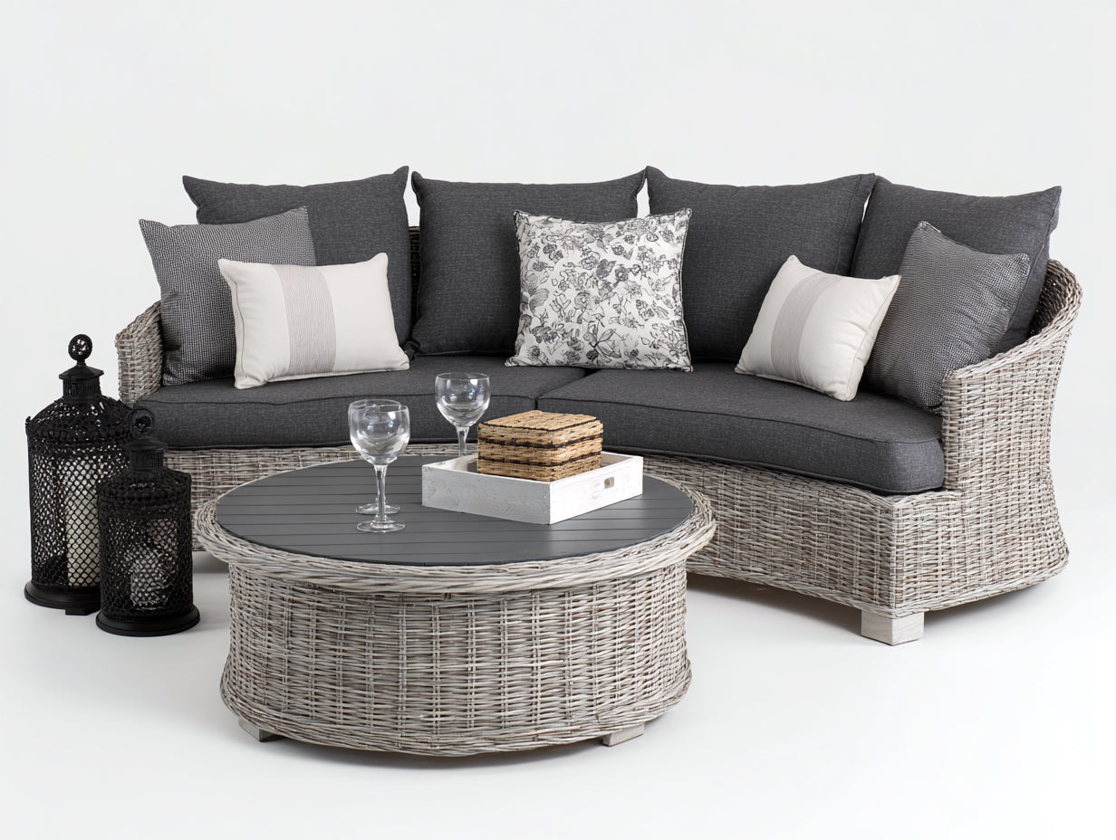Canapé de jardin-Résine tressée-Tissu-220x95x80cm-Gris foncé-Gris clair-Design contemporain