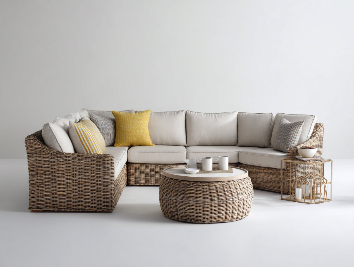 Canapé de jardin-Résine tressée-Tissu-280x210x82cm-Beige clair-Naturel-Design contemporain